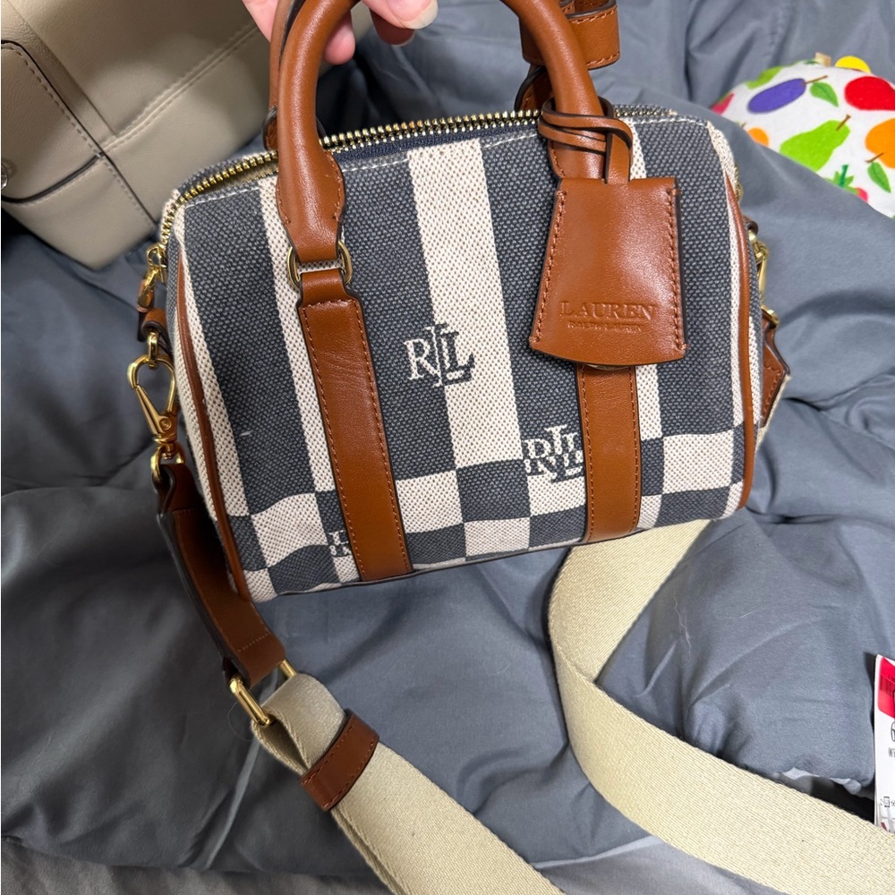 Ralph Lauren Black & Cream Canvas Satchel with Brown Leather Trim
